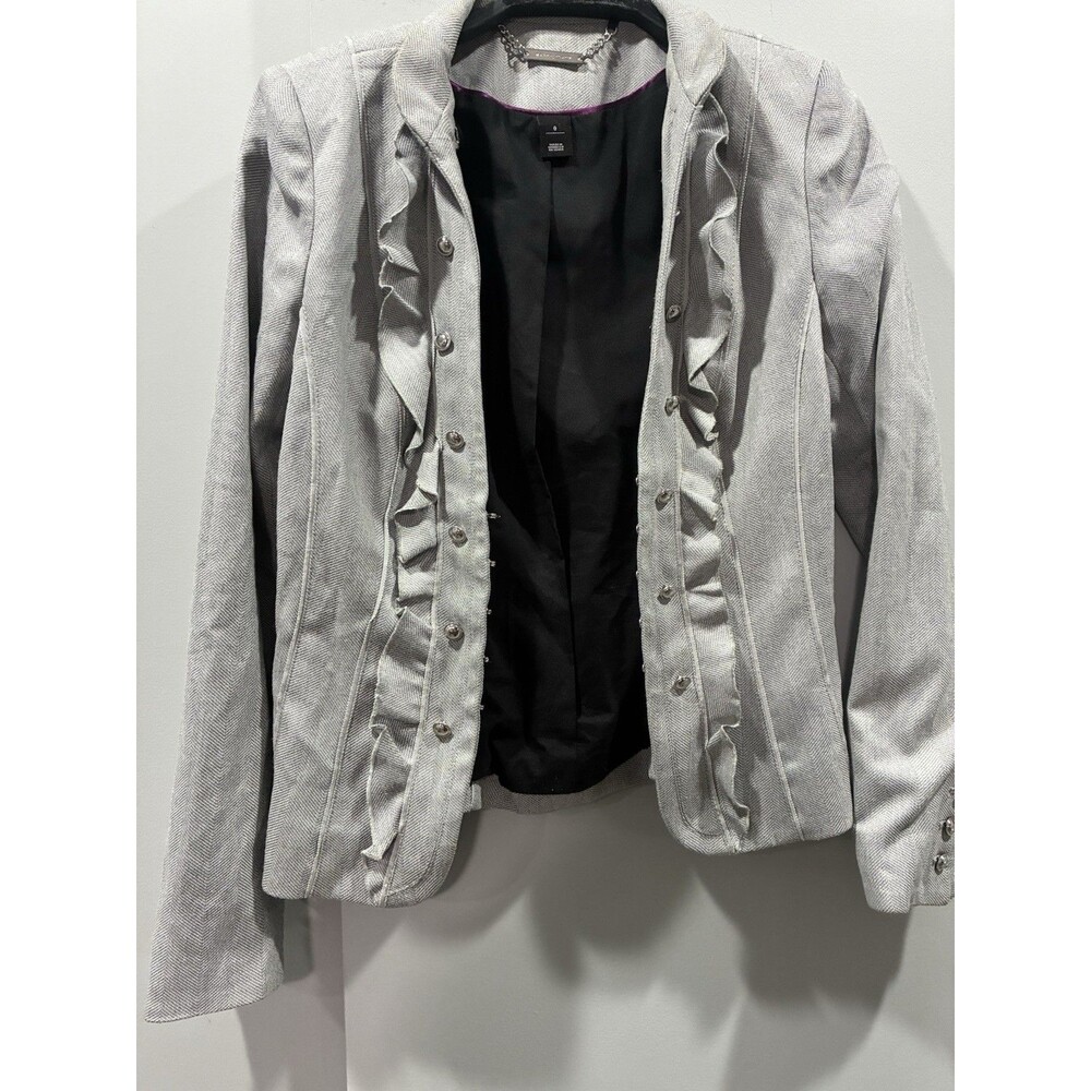 WHBM Ruffle Front Blazer Gray Herringbone Peplum Jacket Women’s 0 Military Style - Picture 5 of 8